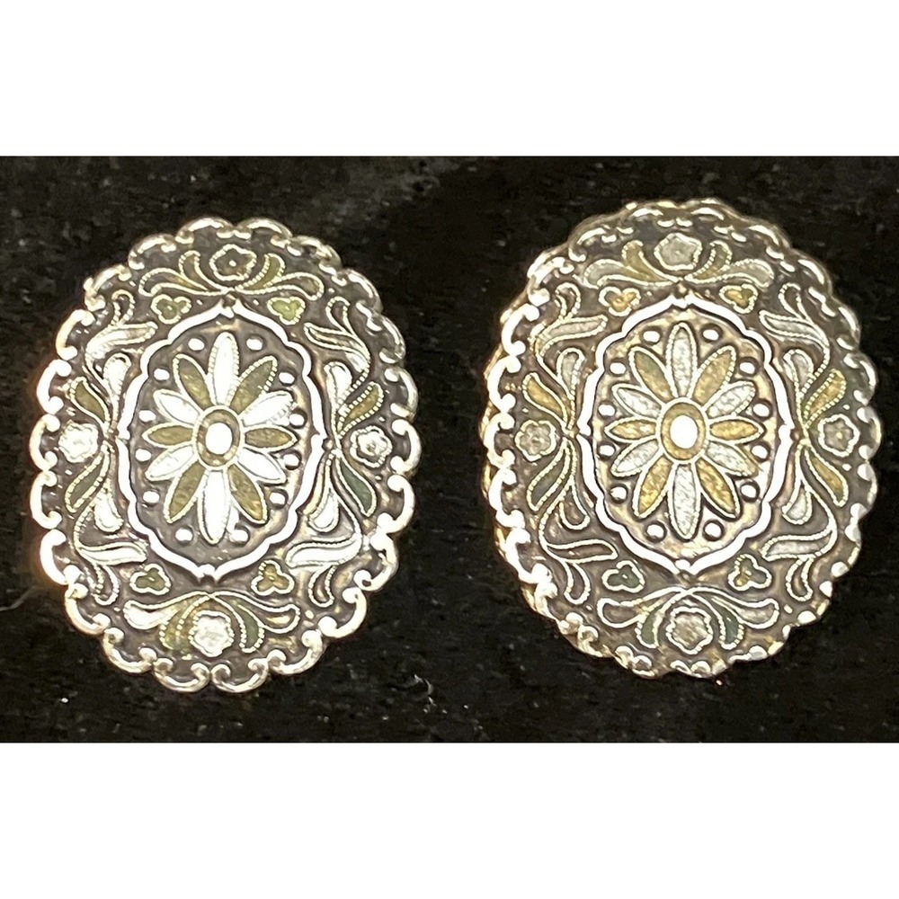 VTG Concho Western Santa Fe Rodeo North Germany Clip On Earrings Silver Tone